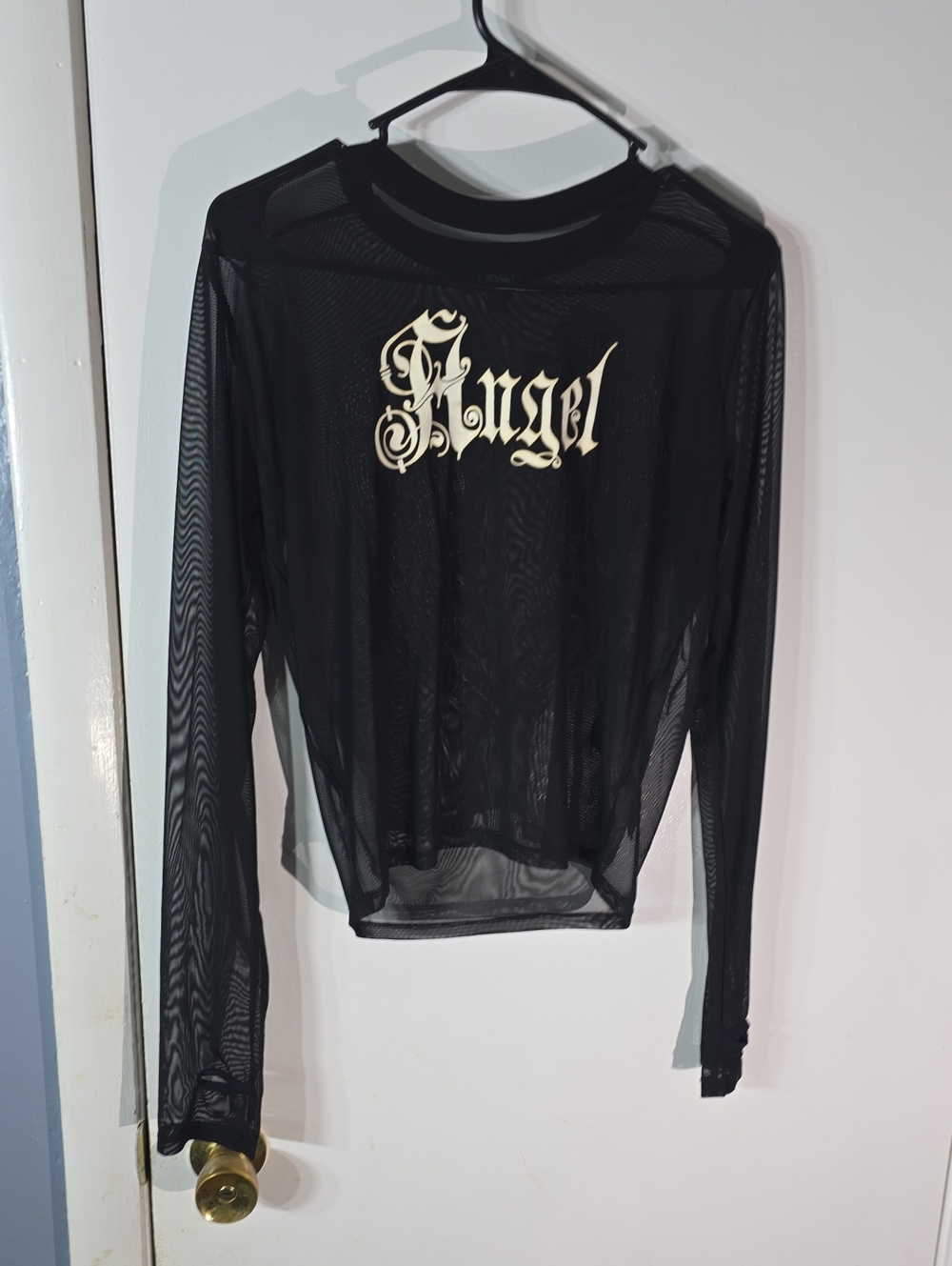 S. the Widow Black Sheer Mesh Long Sleeve Top with Cream 'Angel' Script